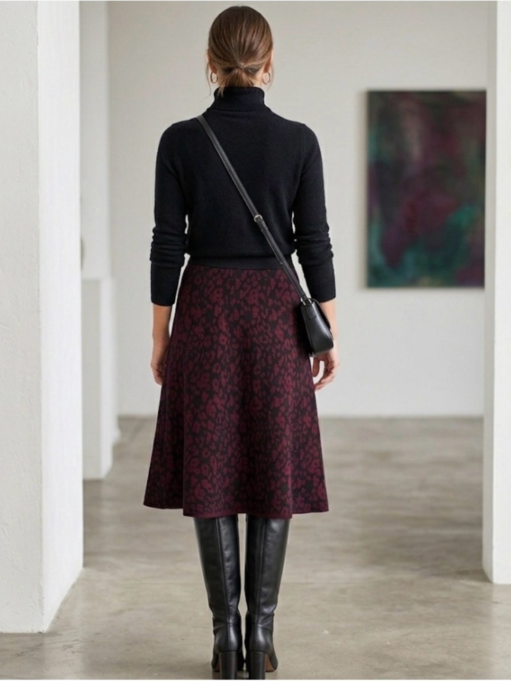 Chelsea & Theodore Black Turtleneck with Burgundy Patterned A-Line Midi Skirt - Picture 3 of 3